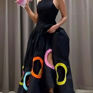 Chic One-Shoulder Black Dress with Multicolor Accents